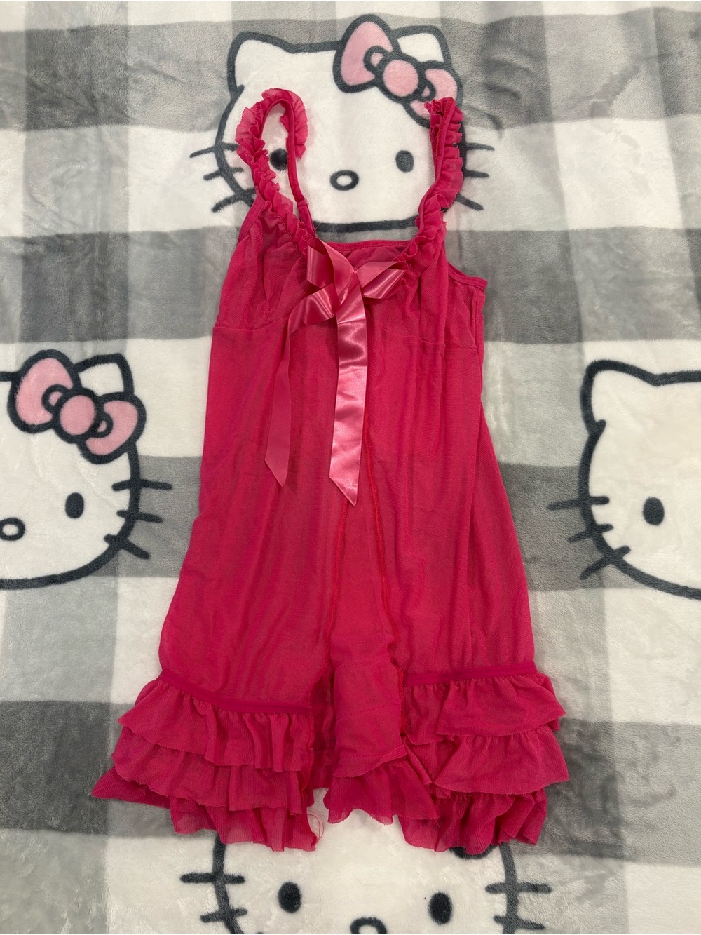 Y2K Hot Pink Mesh Ruffle Bow Babydoll Mini Dress